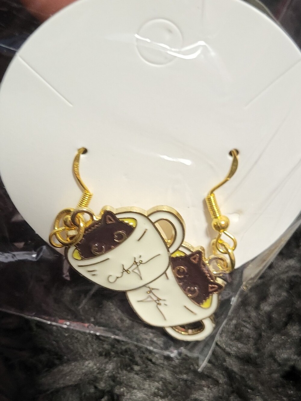 Cat-in-Teacup Enamel Dangle Earrings - White & Brown